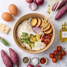 ที่สุดของเมนูสายลีน ไข่ขาวเจียวสอดไส้ไข่ผำชีสลาวา+มันย่าง+มะเขือเทศโรยสมุนไพร