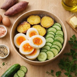 อร่อยพรีเมียม สารอาหารครบจบในชามเดียว! มันญี่ปุ่นย่างเนย+ไข่ต้ม3+แตงกวาญี่ปุ่น