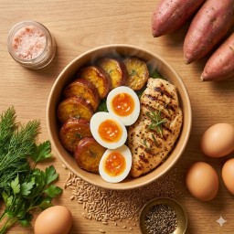 อร่อยแบบคลีนๆ อกไก่300gย่างสมุนไพร+มันญี่ปุ่นย่าง+ไข่ต้ม2ฟอง