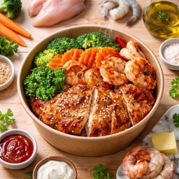ลีนได้ไม่เบื่อ =อกไก่300g +กุ้ง3-5ตัวย่างซอส BBQ Yogurt+แครอทบล๊อคโคลี่ย่าง