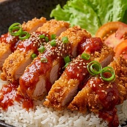 ข้าวหน้าไก่ทอดซอสมะเขือเทศ