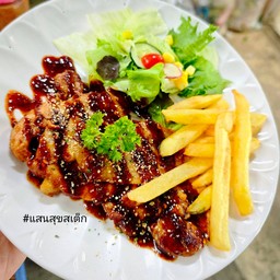 สเต็กไก่ย่างซอสแจ่ว Grilled chicken steak with Jaew sauce