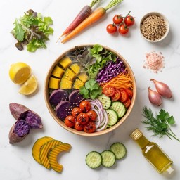 Superfood Salad = สลัดรวมหลากสี&เสริมมะเขือเทศย่าง&ฟักทองนึ่งมันม่วง&โรยธัญพืช