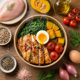 อิ่มสบายท้อง= อกไก่300g&ซอสพริกไทยดำ & ผักโขมน้ำมันงาไข่1 ฟักทองนึ่งเขือเทศย่าง