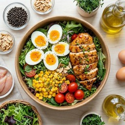 คุมแคล, โปรตีนสูง=สลัดหลากสีอกไก่300gซอสพริกไทยดำไข่3ข้าวโพดมะเขือเทศย่างหอมแดง