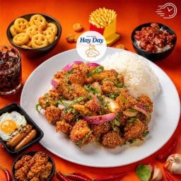 Hay Day ไก่แซ่บ ข้าวยำไก่แซ่บ กะเพราไก่กรอบ เฟรนช์ฟรายส์ ของกินเล่น ปั้มบางจาก เทพรักษ์ ตรงข้ามแมคโคร