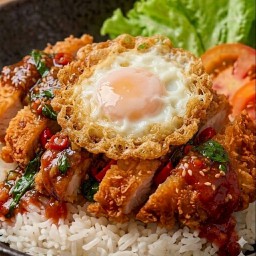 ข้าวไก่ทอดราดซอสกระเพรา+ไข่ดาว