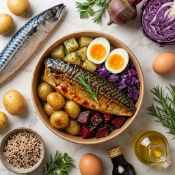 Omega = ซาบะนอร์เวย์เทริยากิ & บรีทรูทมันฝรั่งกะหล่ำม่วงย่างOlive oil ไข่ต้ม1