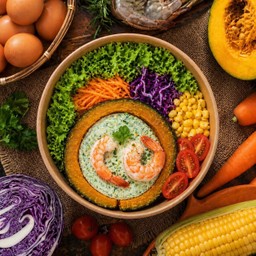 Superfood= ฟักทองญี่ปุ่นอบท็อปด้วยไข่ผำไข่ขาวขยี้ กุ้ง2ย่าง&สลัดหลากสี