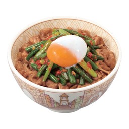 ข้าวหน้าเนื้อดอกกระเทียมสไปซี่ไข่ออนเซ็น