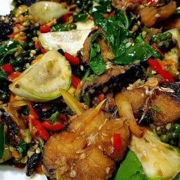 ผัดฉ่าปลาดุกทอดราดข้าว
