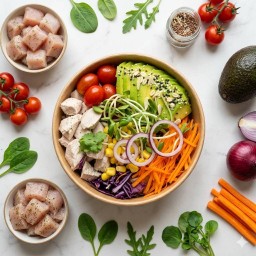 โปรตีนสูง ไขมันดี เติมวิตามิน= อกไก่หั่นเต๋านึ่งสมุนไพรสลัดหลากสีอโวคาโด