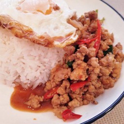 กระเพราไม่ใส่น้ำมัน ราดข้าว