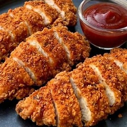 อกไก่ทอดไม่มีกระดูกคลุกผงวิ้งแซ่บ 3ชิ้นพร้อมซอยมะเขือเทศ