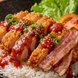 ข้าวไก่ทอดซอสเกาหลีเผ็ดคูณ2+เบคอน2แผ่น