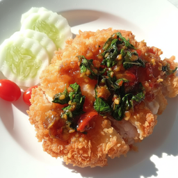 ข้าวหมูทอดกรอบซอสกระเพรา