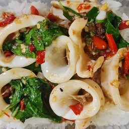 กะเพราปลาหมึกโคตรอิ่มฟรีไข่ดาวหรือเจียวโปรดระบุ
