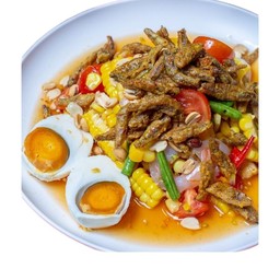 ตำไทยข้าวโพด ไข่เค็ม ปลากรอบ