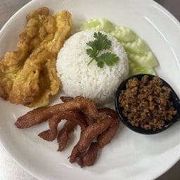 077 ข้าวน้ำพริกผัดหมู+ไข่เจียว+หมูแดดเดียวหวานนิดๆ
