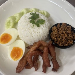 076 ข้าวน้ำพริกผัดหมู+ไข่ต้ม+หมูแดดเดียวหวานนิดๆ