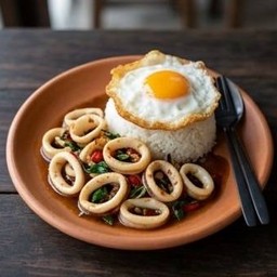 กะเพราปลาหมึก ฟรีไข่