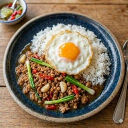 หมูผัดน้ำมันหอยราดข้าว ฟรีไข่