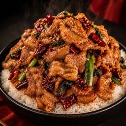 หมูสันคอสไลด์ผัดพริกหมาล่า  ราดข้าว