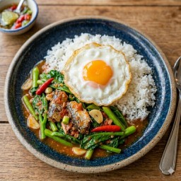 ผัดคะน้าปลากระป๋องราดข้าว ฟรีไข่