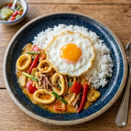 หมึกผัดไข่เค็ม ราดข้าว
