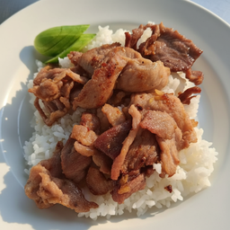 หมูชิ้นทอดกระเทียมราดข้าว