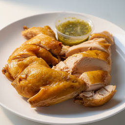 ไก่เนื้อต้มน้ำปลาครึ่งตัวไซส์กลางสับชิ้น+น้ำจิ้มซีฟู้ด กล่องละ