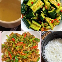 芹菜牛肉末刀拍黄瓜例汤 ขึ้นฉ่ายผัดหมูสับราดข้าว ยำแตงกวา น้ำซุป