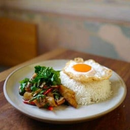 ผัดกระเพราปลากะพงราดข้าว