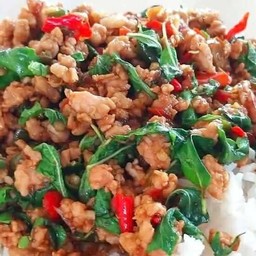 กระเพราหมูสับราดข้าว