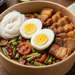 ตำถั่วหมูสามชั้นทอด ไข่ต้ม+ขนมจีน
