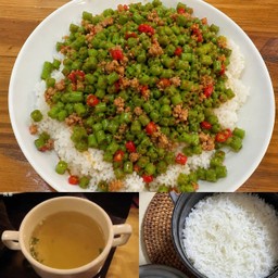 豆角肉末 米饭例汤ถั่วไฟยาวผักหมูสับราดข้าว+นำ้ชุป