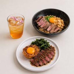 [เซตสุดฮิต] Peach Tea Time ชาพีชใสไข่มุกป๊อป + ข้าวกะเพราเนื้อริบอายย่างไฟ + ข้าวผัดมันเนื้อ
