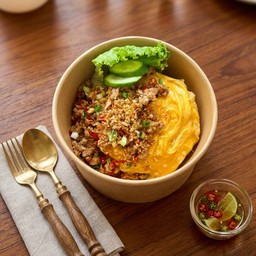 ข้าวหมูสับคั่วพริกเกลือ+ไข่ข้น