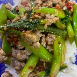 ผัดคะน้าหมูสับราดข้าว