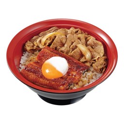 ข้าวหน้าปลาไหลและเนื้อสุคิยะไข่ออนเซ็น