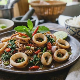 หมึกผัดกระเพรา หั่นชิ้น (กับข้าว)