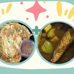 ข้าวไข่เจียวชะอม(ไข่2ฟอง)+น้ำพริกกะปิ(ไม่มีชุดผัก)+แกงไตปลา(ถ้วยเล็ก)