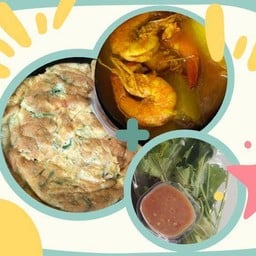 ข้าวไข่เจียวชะอม(ไข่2ฟอง)+แกงส้มกุ้งมะละกอ(ถ้วย)+น้ำพริกกะปิผัก