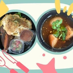 ข้าวปลานิลแกะ+ไข่เจียวชะอม+ไข่พะโล้(ถ้วยเล็ก)