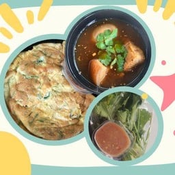 ข้าวไข่เจียวชะอม(ไข่2ฟอง)+ไข่พะโล้(ถ้วย)+น้ำพริกกะปิผัก