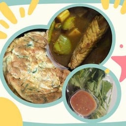 ข้าวไข่เจียวชะอม(ไข่2ฟอง)+แกงไตปลา(ถ้วย)+น้ำพริกกะปิผัก
