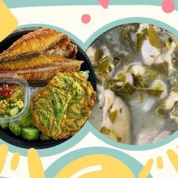 ข้าวปลาดุกแดดเดียว+ไข่เจียวชะอม+แกงขาหมูใบชะมวง(ถ้วยเล็ก)