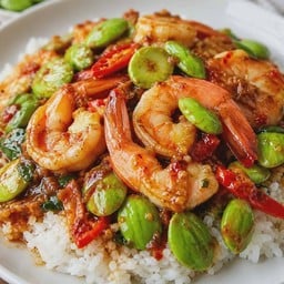 กุ้งผัดพริกแกงสตอ ราดข้าว