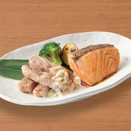 ปลาแซลมอนเทอริยากิและหมูคุโรบุตะสเต็ก