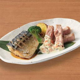 ปลาซาบะย่างซีอิ๊วและหมูคุโรบุตะสเต็ก